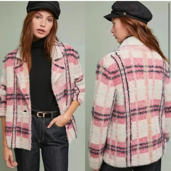 Anthropologie MAEVE Pink Plaid AURELIA SWEATER JACKET CARDIGAN XS - Picture 1 of 11